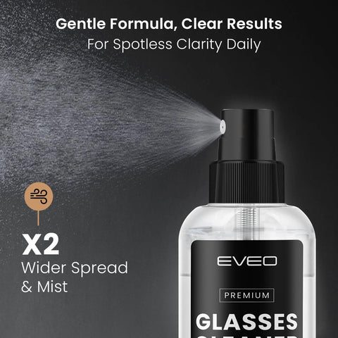 EVEO glasses cleaner spray bottle with spray nozzle, clear bottle and black label, front view