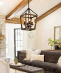 Rustic Farmhouse 4 Light Pendant Chandelier With Imitation Oak Wood Grain in a cozy living room, showing open cage design.