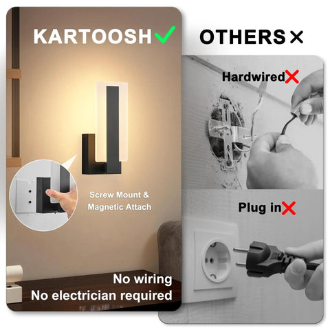Rechargeable Wireless Wall Sconces Two Pack With Remote, Battery Operated Modern Wall Lights, installation comparison image.