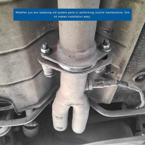 Heavy Duty M10x1.5 Exhaust Manifold Bolts - Badass Muffler Repair Kit With Springs And Washers securing exhaust pipe under a vehicle.