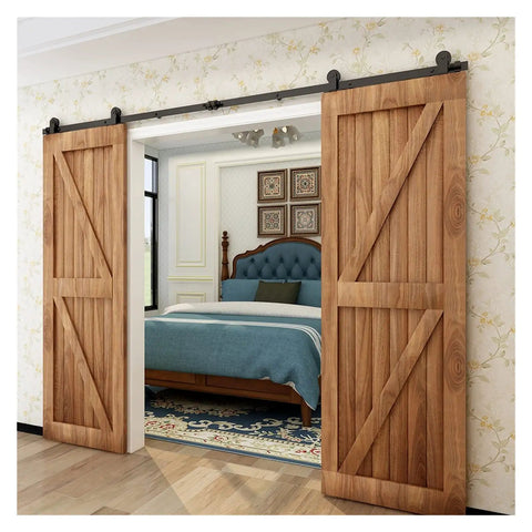Built Tough Barn Door Hardware Kit 4 Foot Sliding Rail System Double Wood Doors with smooth glide feature in bedroom