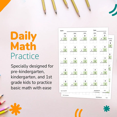 Single Digit Addition And Subtraction Math Workbook For Early Learners Pre K Through 1st Grade shown with colorful pencils