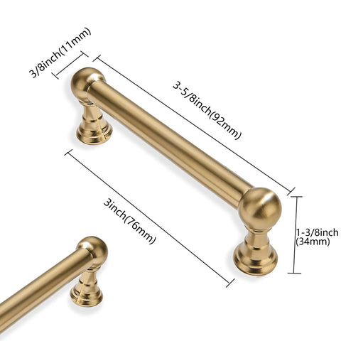 Premium Solid Brushed Brass Cabinet Pulls And Drawer Handles 3 Inch Hole Center showing detailed dimensions and design.