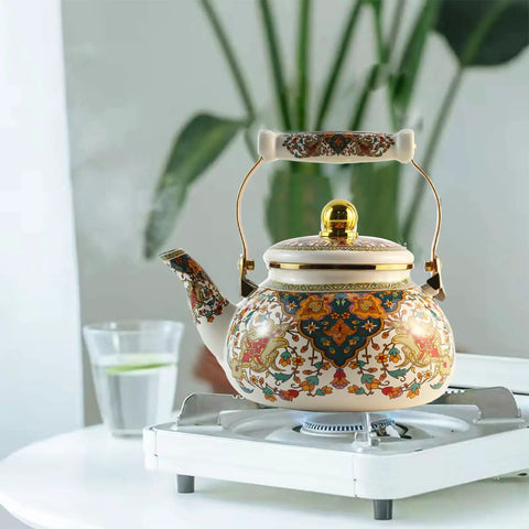 Floral Enamel Tea Kettle With Ceramic Handle Two And A Half Liter Capacity Vintage Gold Beige Boho Porcelain Teapot For Stovetop Tea Or Coffee