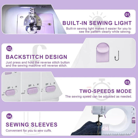 No Fuss Pocket Rocket Mini Sewing Machine With Foot Pedal And Night Light Boasts Twelve Built In Stitches For Diy Crafting And Quick Fixes features built-in light, backstitch design, adjustable speeds, and convenient sleeve sewing.