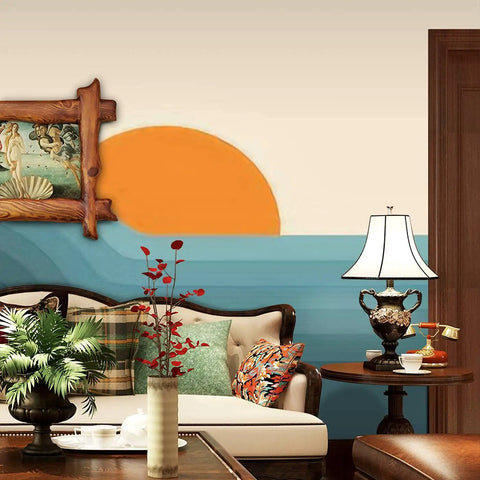 Peel And Stick 3D Retro Sunset Landscape Wall Mural In Mid Century Graphic Style Removable Wallpaper 144x100 Inches