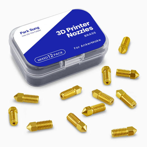 Top Tier Brass Nozzle Replacement Kit For AnkerMake M5 And M5C 3D Printers with 12 brass nozzles in case, sizes 0.2 to 0.8mm.