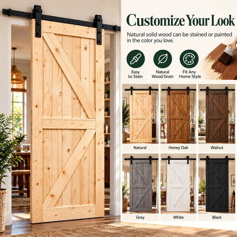 Unfinished 42 Inch by 84 Inch British Brace Knotty Barn Door with Double Sided Finish Made of Solid Canadian Spruce Includes Sliding Hardware Kit, shown in natural finish.