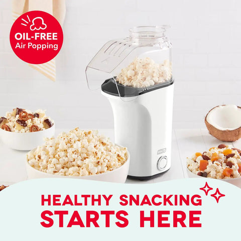 Fast 3 Minute Oil Free Hot Air Popcorn Maker 16 Cup Capacity Electric Popper Machine in white with popped popcorn.