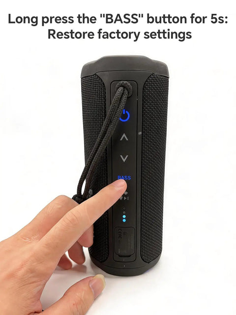 Hand pressing button on Outdoor Waterproof Bluetooth Speaker With Bass Boost And 35W Power For Loud Stereo Sound IPX7 Portable Party Speaker