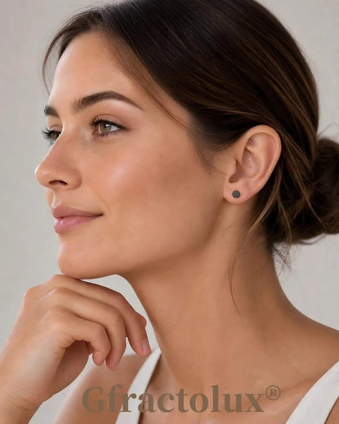 Flat Back Titanium Tiny Dot Earrings For Sensitive Ears worn on model, showing 3mm stud in ear, stylish and hypoallergenic.