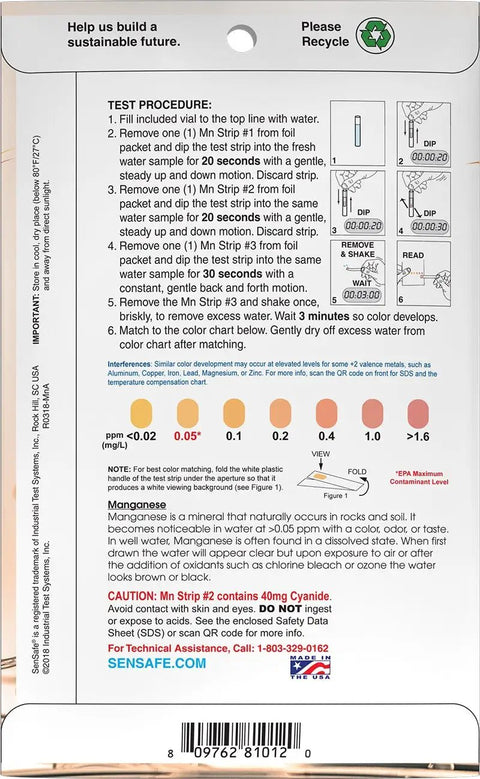 Back packaging of Fast Manganese Water Test Strips Kit 12 Tests for Groundwater Analysis with instructions and color chart.