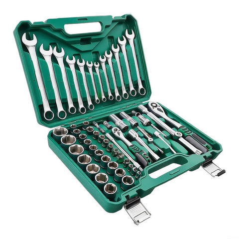 Grease Monkey Approved 61 Piece Socket Wrench Set Featuring Chrome Vanadium Steel Ratchet Tool Kit For Tight Spaces, green case open with tools visible.