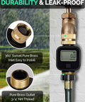 Water Flow Meter With Brass Inlet And Outlet, Heavy Duty Metal Threaded Connections, shown with digital display and garden hose.