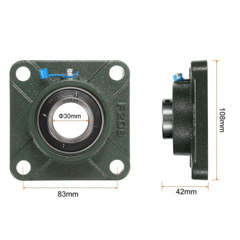 Built Tough UCF206 Pillow Block Bearings featuring self aligning chrome steel seals and sturdy square cast iron frame for no fuss 30mm shaft rotational, side and top view.