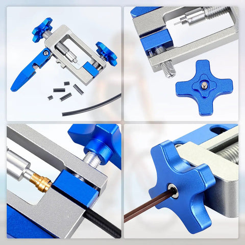 Hydraulic Disc Brake Hose Fitting Tool Kit with Upgraded Needle Driver, olive and brass inserts, close-up of BH90 compatible tool.