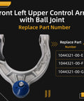 Front Left Upper Control Arm With Ball Joint For Tesla Model 3 2017 To 2021 And Model Y 2020 To 2021 Direct Replacement OE 104432100E 104432100F 104432100G Durable Suspension Part For A Smoother Tighter Ride on black background with part numbers 1044321-00-E/F/G