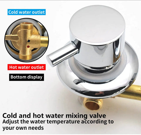 Heavy Duty Polished Brass Shower Valve Featuring Smooth Turning Four Way Water Outlet And Drip Free Performance That Kicks Rust To The Curb For Bathroom Makeovers, close-up of mixing valve with outlets.