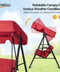 Side view of red Outdoor Porch Swing With Adjustable Canopy Powder Coated Steel Frame And Heavy Duty Stand, showing rotatable canopy.