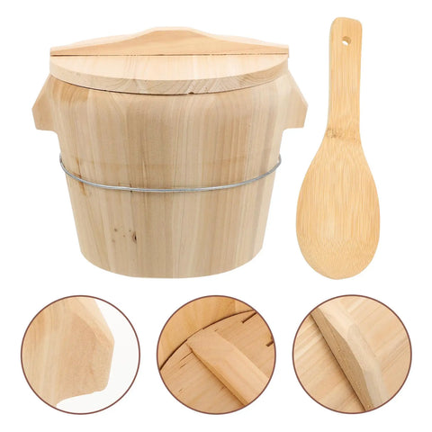 Heavy Duty Wood Rice Steamer Basket With Removable Bottom And Secure Lid, Hella Easy To Clean, features smooth wood finish and bamboo spoon.