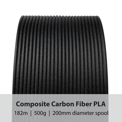 Premium 1.75 Mm Pla Filament Blended With Real Carbon Fiber Composite 500g spool showing black filament layers and smooth finish.