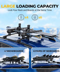 Heavy Duty Lockable Ski Racks With Slick Sliding Extension For Car Roof Secure Snowboard Transport Kit black finish with 4 boards on car.