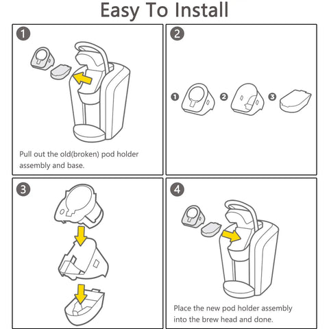 Installation guide for All-In-One Replacement Cup Pod Holder Needle Assembly Kit For 2.0 Coffee Makers, easy steps diagram.