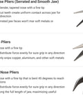 Close-up of serrated and smooth mini needle nose, long nose, bent long nose pliers from Mini Pliers Set With Roll Case 8 Piece Precision Pliers Kit Including Needle Nose Smooth Jaw Needle Nose Long Nose Bent Long Nose Flat Nose Smooth Jaw Flat Nose Diagonal Cutting And End Cutting Pliers For Fine Detail Work