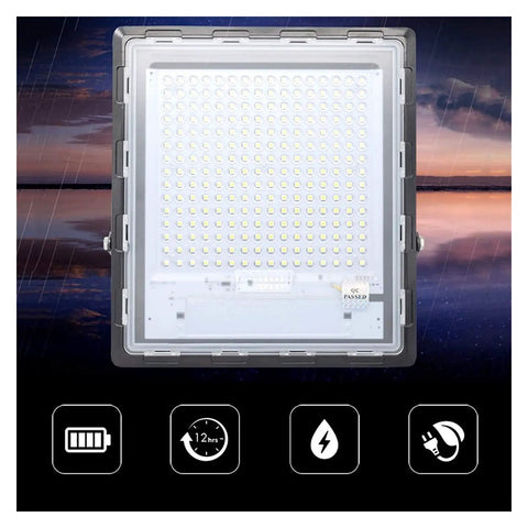 Top Notch Solar Flood Light With Wireless Remote And Visible Battery Display IP67 Waterproof Outdoor Security Lighting For Yard Barn Fence No Fuss Installation Super Bright Output, showing LED panel close-up.