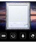 Close-up of Hella Bright Solar Flood Light With Remote Control And Smart Battery Display IP67 waterproof outdoor lamp.
