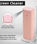 3 In 1 Screen Mist Cleaner Kit With Built In Spray And Microfiber Cloth, pink, dimensions shown, ideal for phones and screens