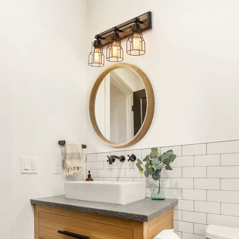 Bathroom with Two Light Farmhouse Vanity Light With Vintage Black Metal Cage And Rustic Wood Finish, E26 Base, Open Cage Design