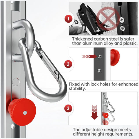Adjustable Steel Resistance Band Wall Mount System With 40 Inch Vertical Glide And Heavy Duty Wall Anchor Kit For Killer Stability Home Gym Strength Training showcasing lock holes and adjustable knob.