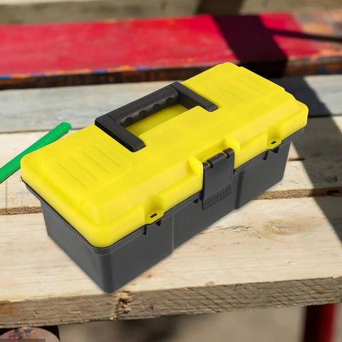 Totally Nifty Portable Plastic Toolbox With Heavy Duty Buckle And Comfy Grip Designed For Mechanics Tool Storage And Everyday Gear Hauling Needs Easy To Use on wood surface.