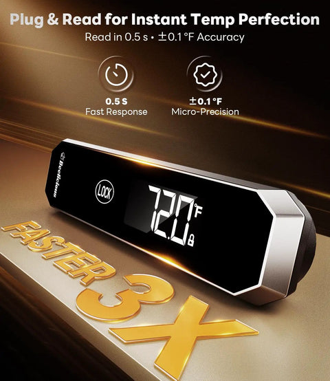Instant Read Meat Thermometer With Temp Lock And Auto Resume 0.5 Second Digital Probe IP67 Waterproof stainless display