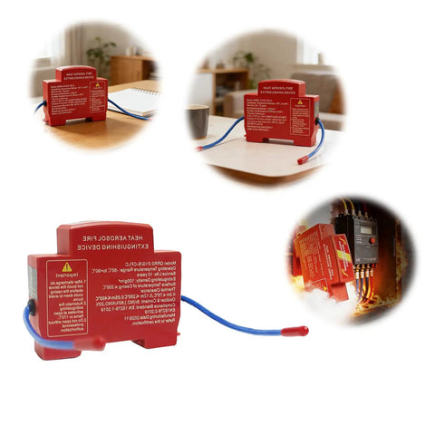 Slick Auto Triggering Aerosol Fire Extinguisher For Your Home Base, Compact Household tool on a table with blue wiring detail.