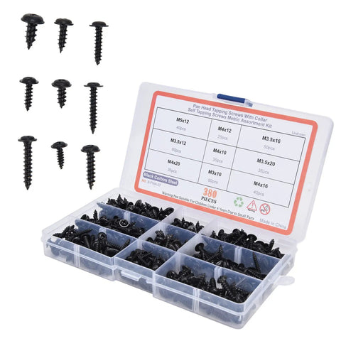 380Pcs Self Tapping Screws Kit Black Carbon Steel Round Head Self Drilling Screws With Washer for DIY projects in a box