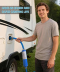 Reliable 2 Pack Inline Water Hose Filter For Rv Camper And Boat Kdf Gear attached to RV water inlet during a camping setup.