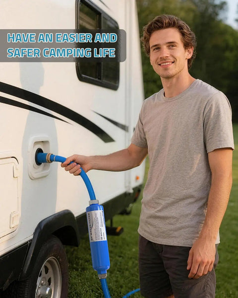 Reliable 2 Pack Inline Water Hose Filter For Rv Camper And Boat Kdf Gear attached to RV water inlet during a camping setup.