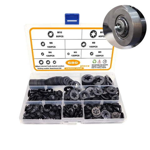 Internal And External Tooth Lock Washers Kit In 65Mn Steel Pro Grade Grab-And-Go Ready Push On Locking Fasteners, 680-Piece