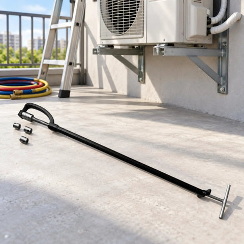 Heavy Duty T Handle Socket Wrench With Extended Long Shaft Crawls Into Sneaky AC Compressor Nuts And Hard To Reach HVAC Fasteners Pro Grade 14 Mm And 17 Mm Heads Crank Tight Without Any Sweat next to three swappable metric sockets.