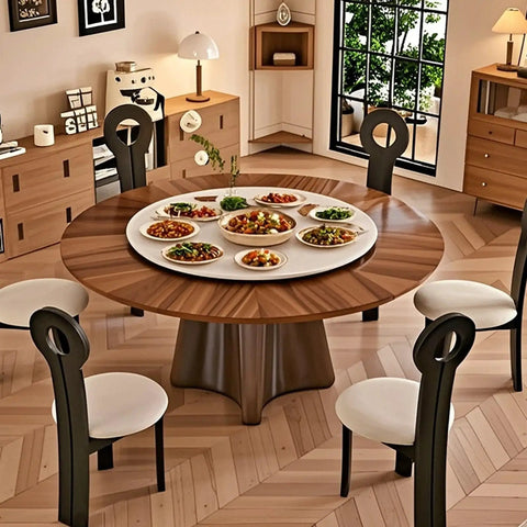 Smooth Operator Quiet 360 Spin Sintered Stone Lazy Susan Turntable Elegant White Serving Tray on modern wooden dining table with various dishes.