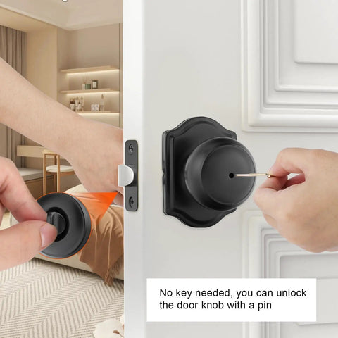 Matte Black Interior Door Knobs Privacy Locks Set For Bedrooms And Bathrooms With No Stress Install and Smooth Action shown unlocking with a pin.