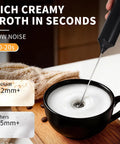 Rechargeable Handheld Milk Frother With Stand 3 Speeds And 3 Detachable Stainless Steel Whisks Electric Drink Mixer in use with cup