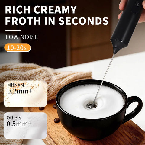 Rechargeable Handheld Milk Frother With Stand 3 Speeds And 3 Detachable Stainless Steel Whisks Electric Drink Mixer in use with cup