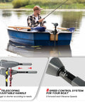 Kickass Eight Speed Electric Trolling Motor With Quick Release Handle And Sharpy Led Gauge Transom Mount For Kayak Fishing Boat Lazy Cruise Mode Grey 36 Pound Thrust Bad Boy Setup with telescoping handle and speed control features.