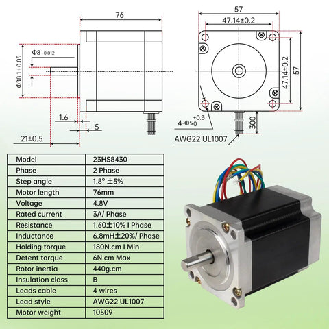 Technical drawing and specifications of Nema23 stepper motor for 4 Axis CNC Controller Kit With Nema23 Stepper Motors 57x76mm And 270 Oz-In Torque.