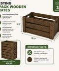 Three Pack Extra Large Rustic Wooden Crates For Display And Storage Farmhouse Style Nesting Boxes with handles, dimensions 16.1 x 11.8 x 6.3 inches shown in product guide, sturdy wood construction, easy assembly with screws highlighted.