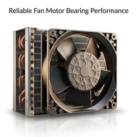 Heavy Duty EC Axial Fan Motor Retrofit Featuring Slick Dual Ball Bearings And Solid Metal Shroud Fits 115V Cold Display Cases Runs Dead Quiet For No Drama Top Shelf Cooling close-up view showcasing dual ball bearings and motor design