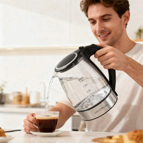 Man pouring water from Electric Glass Kettle With Auto Shut Off 1.8L Borosilicate Glass Body Stainless Steel Inner Lid And Base